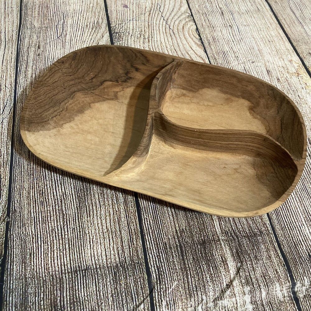 Carved Wooden Serving Tray 3 Section Rustic Primitive Natural